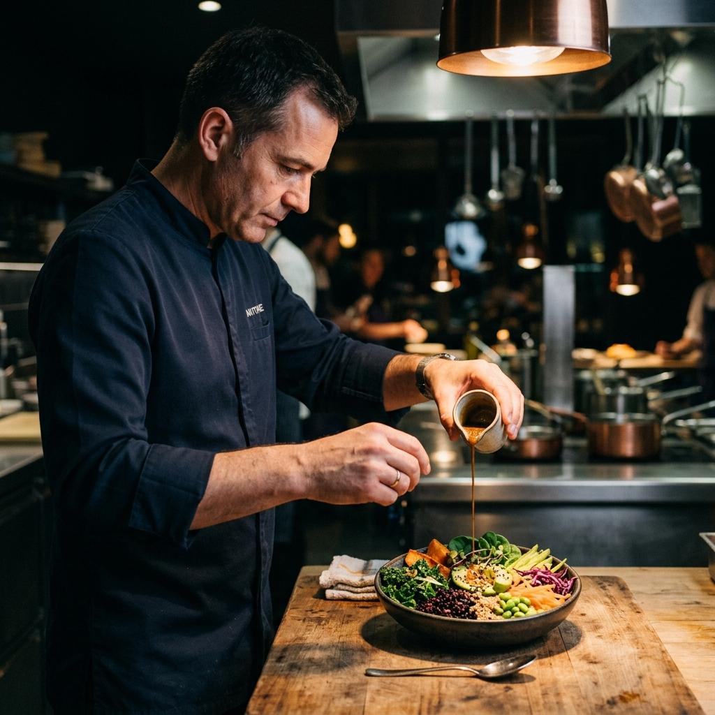 Chef pouring sauce over a bowl